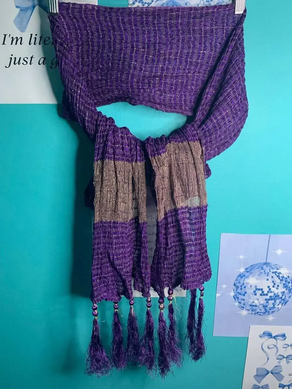 Metallic Thread Purple and Gold Crinkle Tassel Scarf